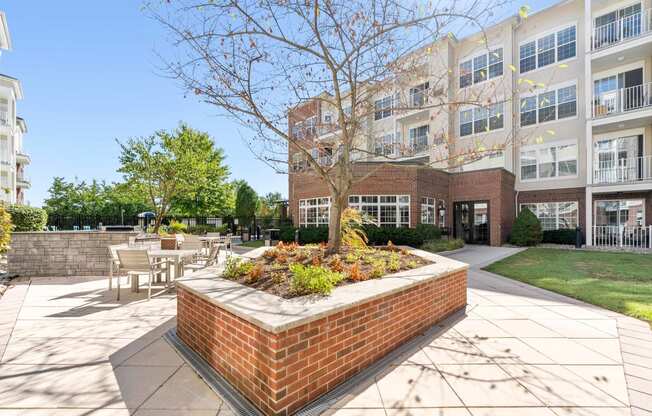 a courtyard with a tree and tables and chairs in front of an apartment building  at The Lena, Raritan