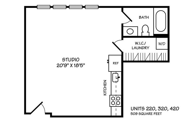 Studio, 1 bath, 509 sqft, $2,595, Unit 420