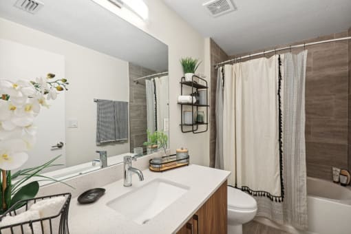 a bathroom with a sink and a toilet and a shower