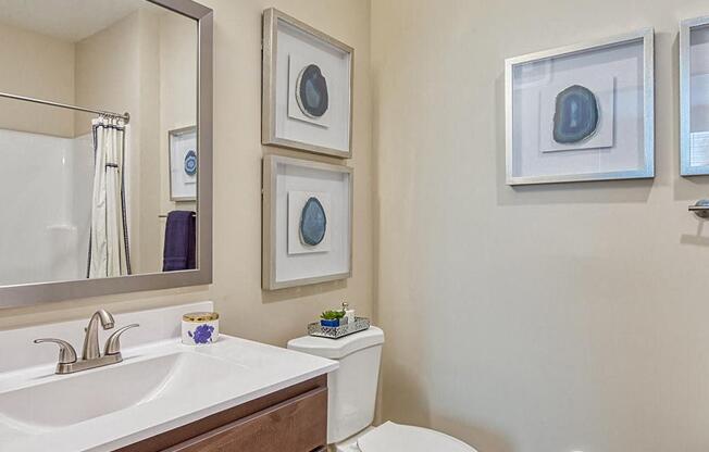 a bathroom with a toilet sink and mirror  at Sapphire at Centerpointe, Virginia