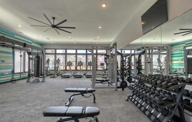 the home has a gym with weights and cardio equipment