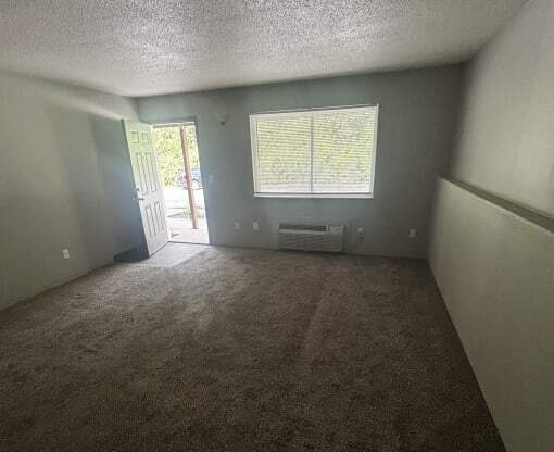 a living room with a carpeted floor and a window