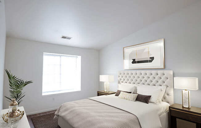 A bedroom with a large bed and a painting above it.