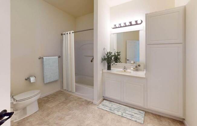 A bathroom with a toilet, sink, and shower.