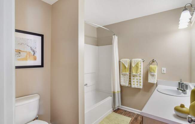 a bathroom with a shower and a toilet and a sink at Avalon Apartment Homes, Starkville, MS, 39759