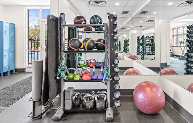 a gym with weights and a yoga ball on the floor