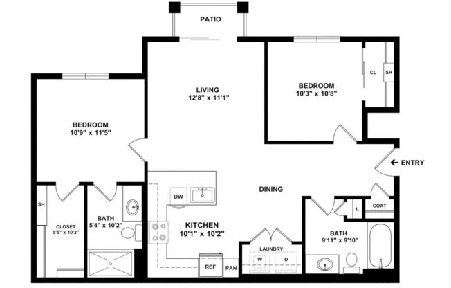 2 beds, 2 baths, 909 sqft, $1,394