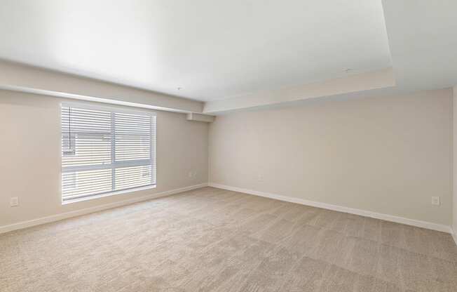 Spacious Living Area with Large, Oversized Windows with Blinds and Tan Plush Carpeting Wall to Wall at Excalibur Apartment Homes, Bellevue, Washington 98004