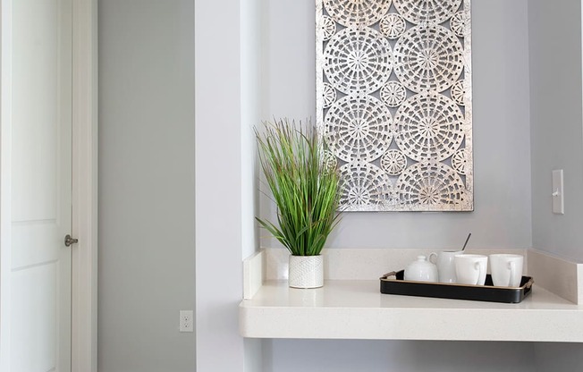 Wet bar with counter at St Mary's Square North Apartments, North Carolina