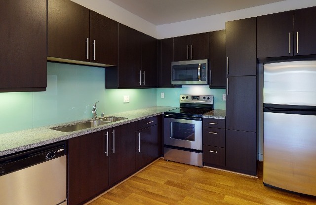 Sleek cabinetry with stainless steel appliances