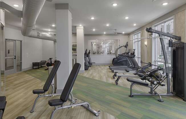 Fitness center with cardio and resistance training equipment; free weights