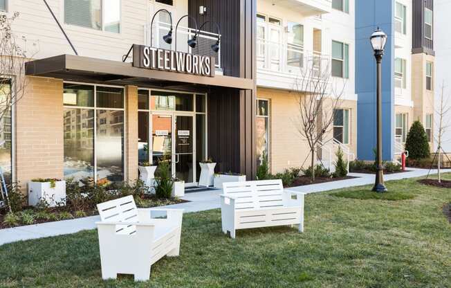 a seating area in front of a building