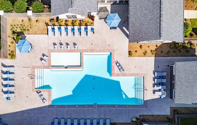 arial view of a swimming pool in a backyard with umbrellas and chairs at The Shallowford, Chattanooga