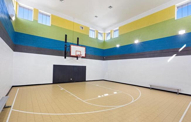 a basketball court with a basketball hoop in the middle of it