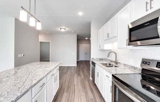 Cool Tone Kitchen, white, new, stainless, bright, Senior Apartment, Senior living, Maplewood, White Bear Lake, Saint Paul, Frost English Silver