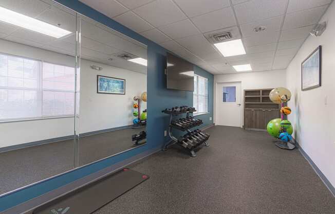 a workout room with weights and a treadmill in the corner of a room