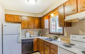 Kitchen wood cabinets white appliances large window