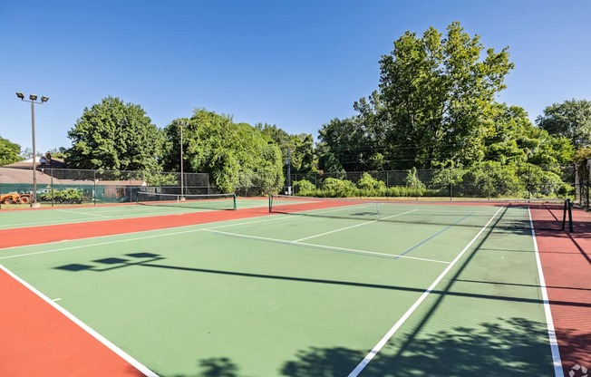 A tennis court with a net and trees in the background.