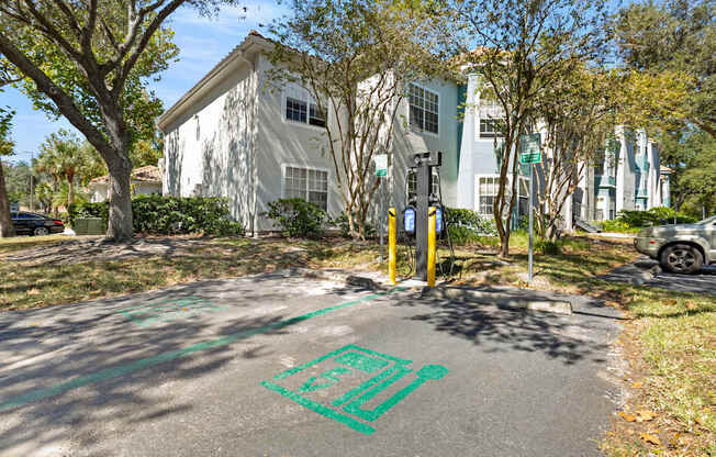 Community building and parking lot at Vinings at Hunters Green in Tampa, Florida.