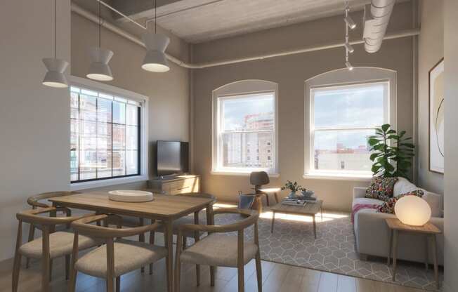 a rendering of a living room and dining room with a table and chairs at East 4th Street, Cleveland, OH, 44115