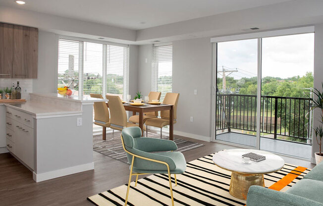 Marc 2 br floor plan with living and dining areas and balconyat Urban Park I and II Apartments, St Louis Park, MN