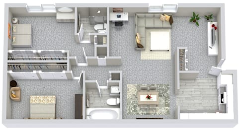 A 3D floor plan of a small apartment with a kitchen, living room, and bedroom.