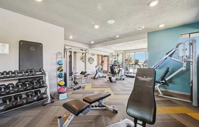 A gym with a variety of equipment including weights, a bench, and a treadmill.