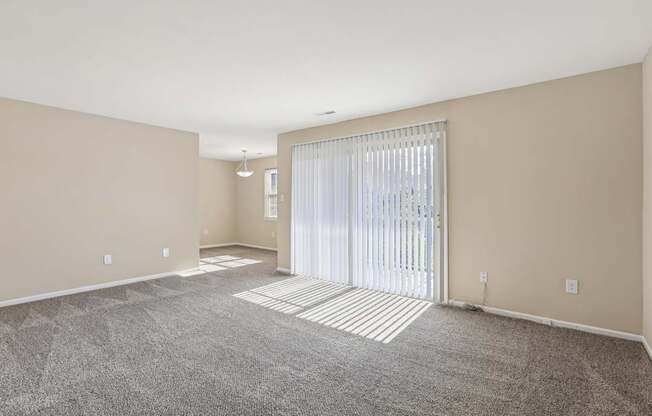 A spacious room with a carpeted floor and a sliding glass door.