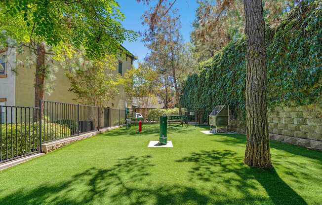 A green lawn with a tree and a red fire hydrant.