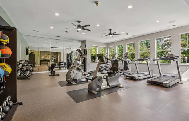 A spacious gym with treadmills, elliptical machines, and other exercise equipment.