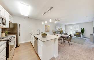 Galley Style Kitchen with Living Room View at Waterfront Apartments, Virginia Beach