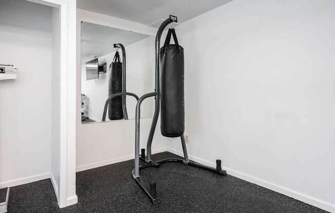 A black punching bag is hanging from a stand in a room.