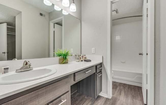 A bathroom with a white sink and a mirror above it.