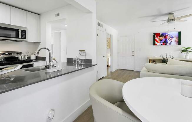 A modern kitchen with white cabinets and a large island.