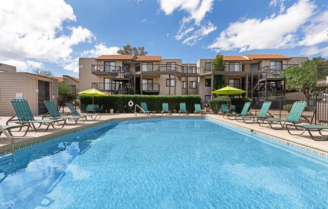 a pool next to a building