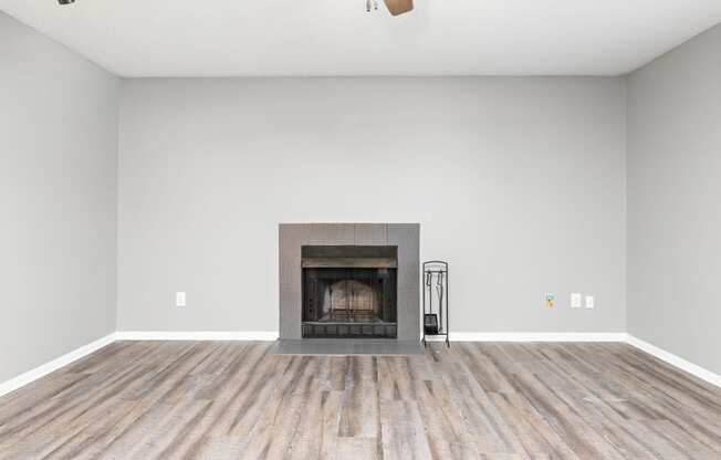 Living room and fireplace at Eddingham in Lawrence, KS