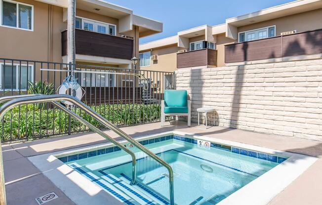 a pool next to a building