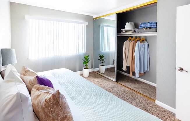 A bedroom with a bed, pillows, a plant, and a closet.