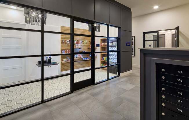 A modern kitchen with a glass door refrigerator and a tiled floor.