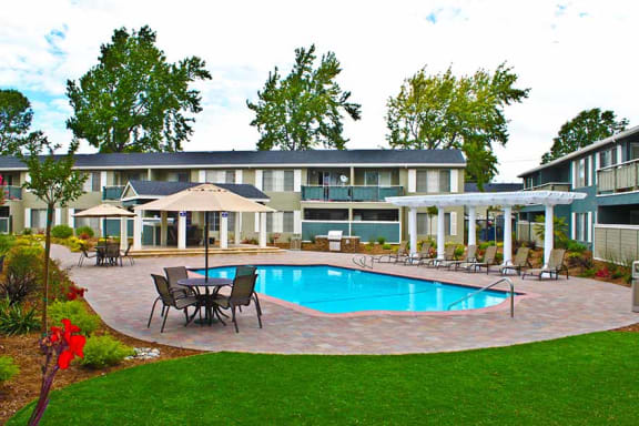 Apartments for Rent in Fremont CA-Pinebrook Apartments Swimming Pool Surrounded by Lounge Chairs, Shaded Tables, and Beautiful Landscape