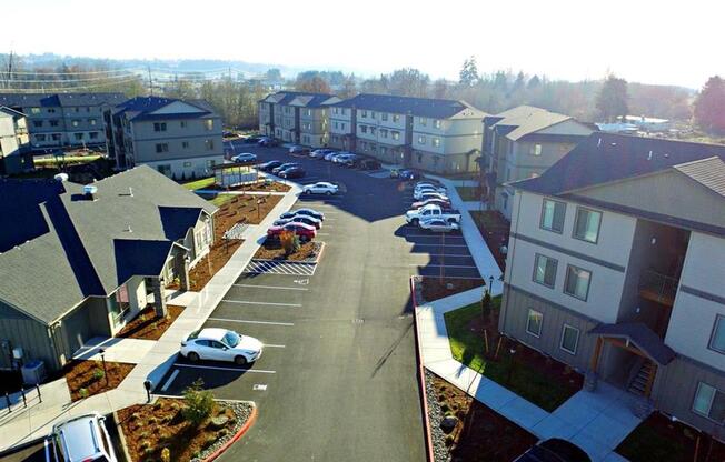 Fruitland Meadow Aerial View of Apartments and Parking Lot