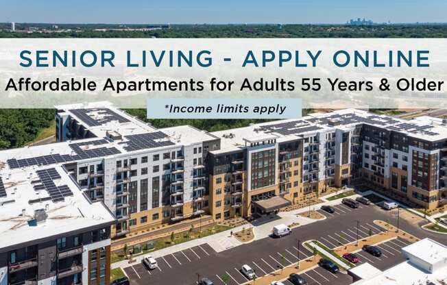 Dominium_Bren Road Station_Aerial  Exterior at Bren Road Station 55+ Apartments, Minnetonka, MN_With Affordable and Senior Housing Banner Text