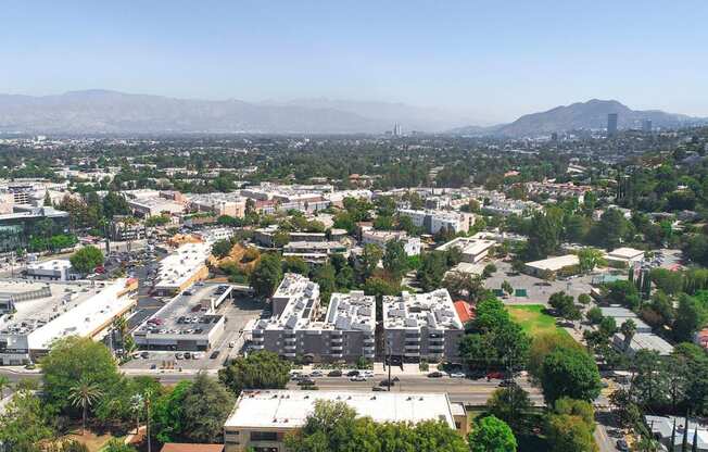 Drone view of Catalina Apartments, a short distance to Ventura Boulevard.