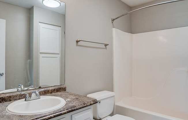 Spacious Bathroom with Grey Hardwood Style Flooring