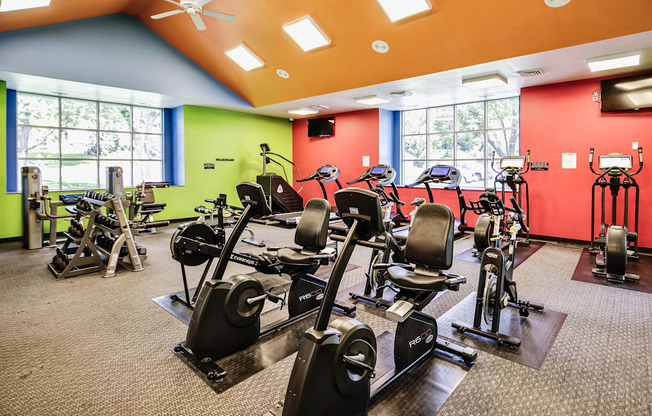 A gym with a variety of exercise equipment including treadmills, stationary bikes, and weight machines.