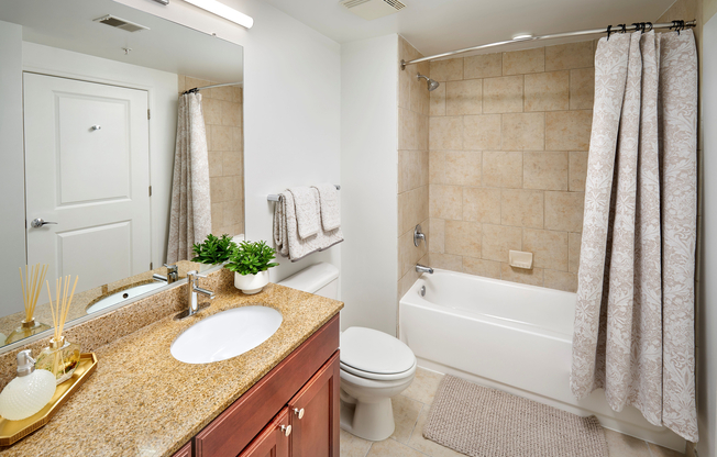 The renovated Ellington bathroom retains its elegant granite vanity and custom cabinetry, now enhanced with sleek, updated plumbing fixtures and modern lighting for a spa-like atmosphere.