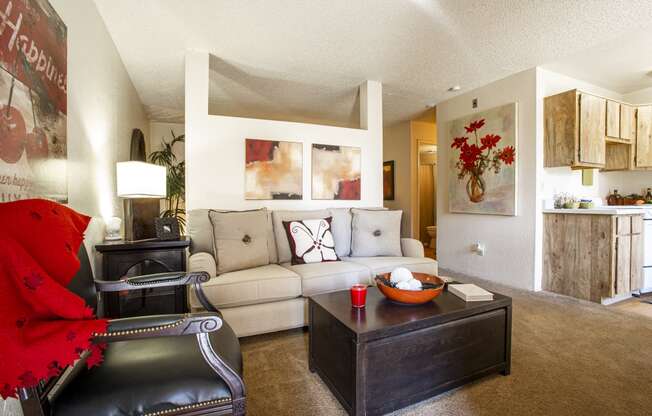 a living room with a couch and a coffee table