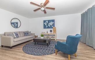 a living room with blue walls