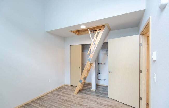 a loft with a ladder in a room with a door