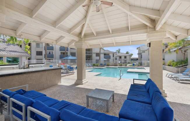 Pool seating at Garden Grove Apartments